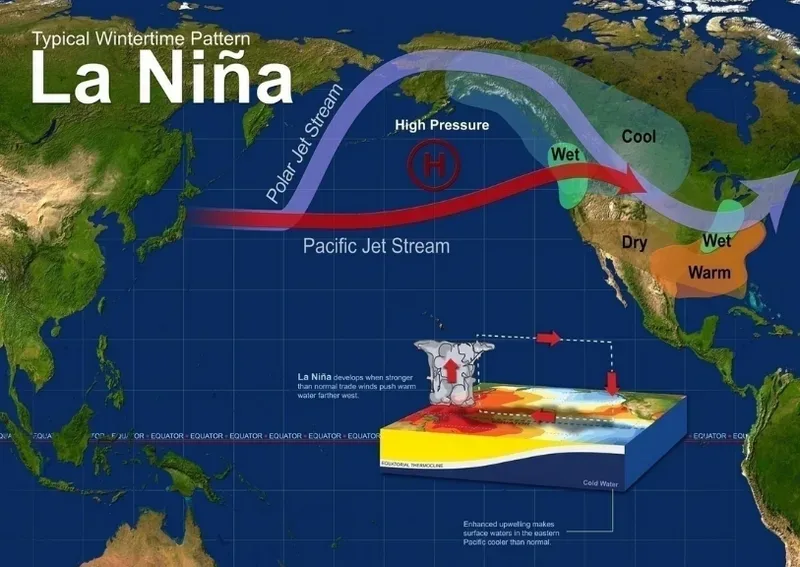 La Nina xảy ra khi nhiệt độ mặt nước biển ở trung tâm và phía đông Thái Bình Dương lạnh hơn trung bình.
